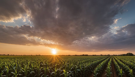 Sunset over a corn field with a dramatic cloudy sky in summerの素材
