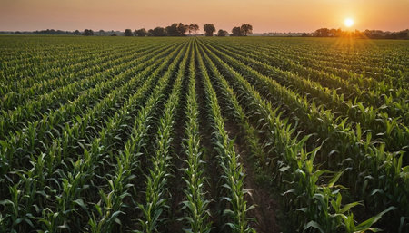 Sunset over a corn field in the summer, agricultural landscape.の素材
