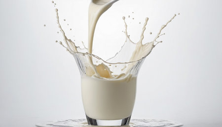 Pouring milk into a glass with splashes on a white backgroundの素材