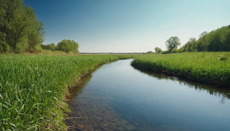 Panoramic view of a small river in the middle of a fieldの素材