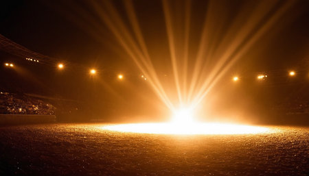 Stadium lights and crowd at night with smoke and spotlights.の素材