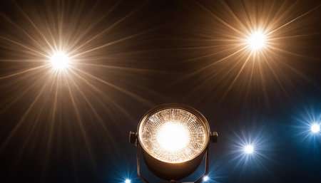 Spotlight on a black background with lens flare and spotlights.の素材
