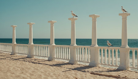 Seagulls sitting on the railing of a white column on the beachの素材