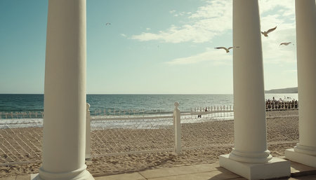 Gazebo on the beach of the Mediterranean Sea. Toned.の素材