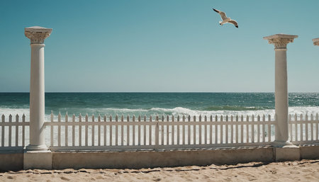 Seagulls flying over a white wooden fence on the beachの素材