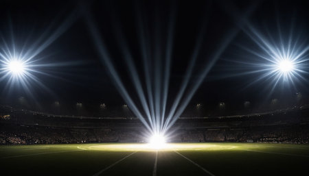 lights at night and soccer field 3d render illustration of soccer stadiumの素材