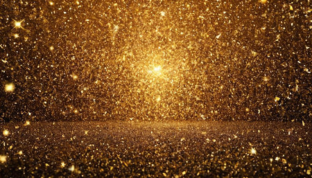 Gold glitter background with sparkles and rays of light. Festive concept.の素材