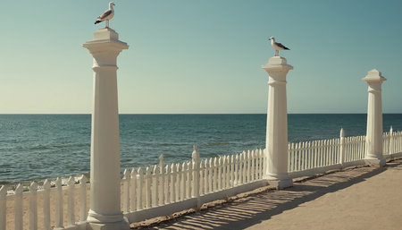 Seagulls on the white columns on the background of the seaの素材