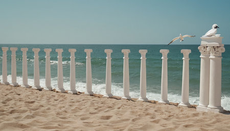 Seagull sitting on the white railings on the beach.の素材