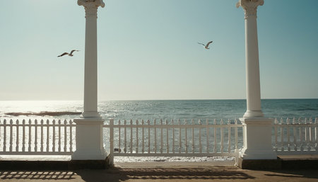 Seagulls on the background of the Mediterranean sea and a white fenceの素材