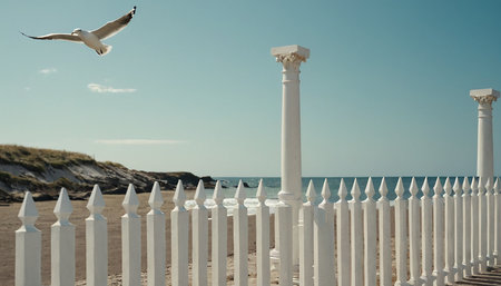 Seagull flying over a white fence on the beach in summerの素材