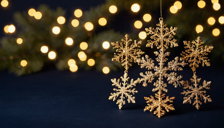 Gold snowflakes on a blue background with bokeh lightsの素材