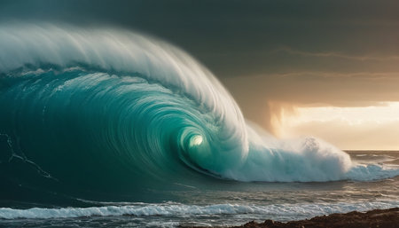 Turquoise ocean wave at sunset. Stormy sky. Long exposure.の素材