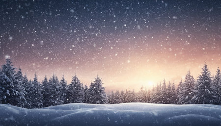 Fantastic winter landscape with snow covered trees and falling snowflakesの素材