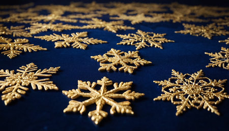 Gold snowflakes on a blue background. Christmas and New Year concept.の素材