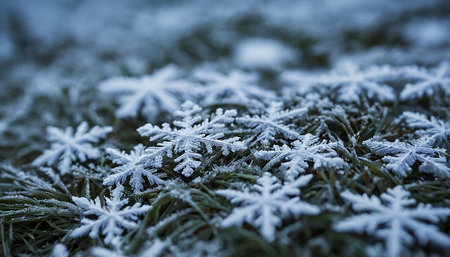 Frosty natural background. Snowflakes on the grass.の素材