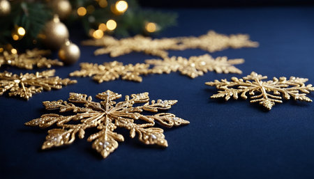 Golden christmas snowflakes on a blue background with Christmas treeの素材