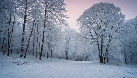 Winter landscape with trees covered with hoarfrost and snow in the forestの素材