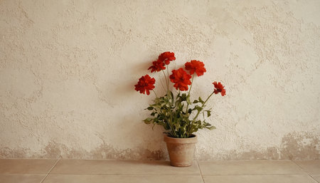 Flowers in a pot on the background of a white wall.の素材