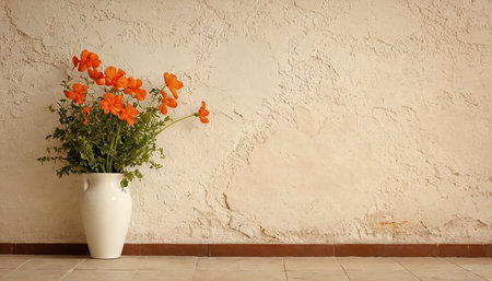 Vase with red poppies on the floor near the wallの素材