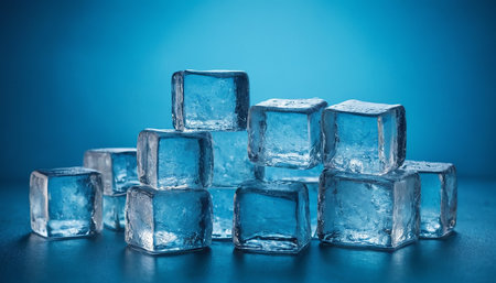Pile of ice cubes on blue background. Selective focus. Toned.の素材