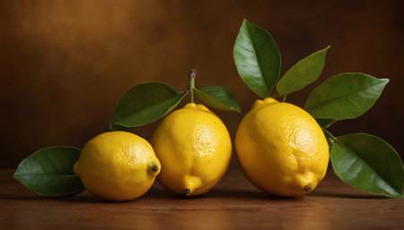 Three lemons with green leaves on a wooden table and brown backgroundの素材