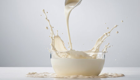 Pouring milk into a glass bowl with splashes on white backgroundの素材