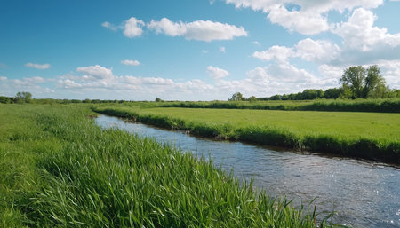 Panoramic view of a small river through the meadow.の素材