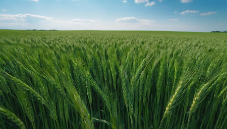 Green wheat field on a sunny summer day. Beautiful nature background.の素材