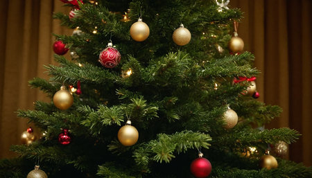 Christmas tree with gold and red baubles, lights and decorationsの素材