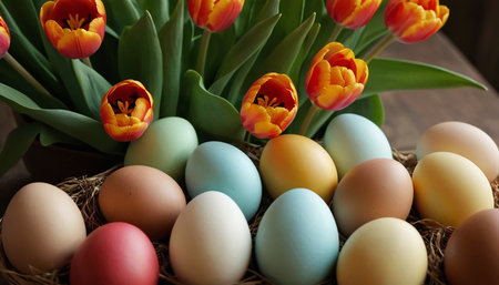 Easter eggs and tulips on wooden background. Selective focus.の素材