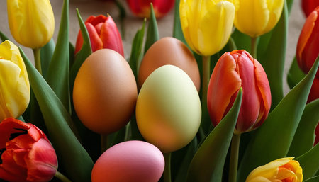 Easter eggs and tulips on wooden background. Happy Easter.の素材