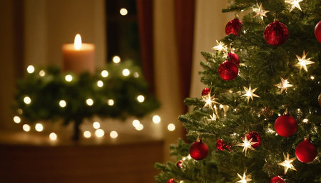 Christmas tree with red baubles and burning candle on blurred backgroundの素材
