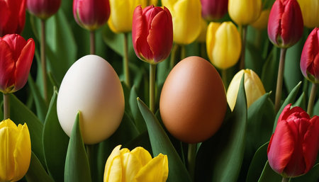 Easter eggs and tulips on green background, close-upの素材