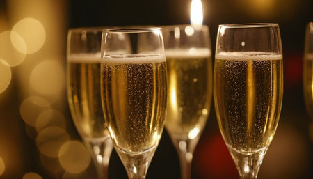 Glasses of champagne with burning candle on blurred background, closeupの素材
