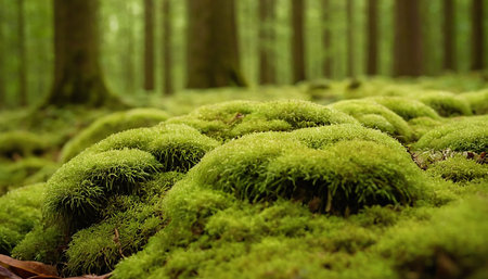 Mossy forest floor with trees in the background, close upの素材