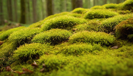 Green moss in the forest, close-up. Beautiful natural backgroundの素材