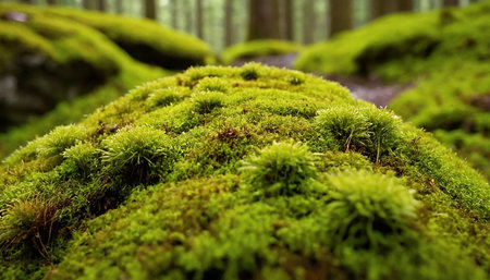 Green moss in the forest. Selective focus with shallow depth of field.の素材