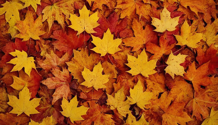 Autumn maple leaves background. Colorful autumn leaves background. Top view.の素材