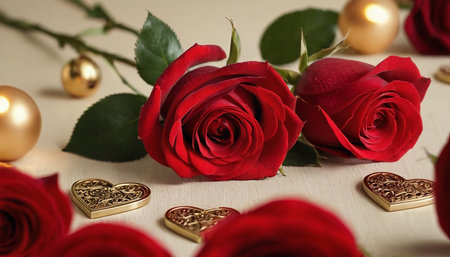 Red roses and golden hearts on a white wooden background. Valentines day concept.の素材