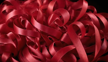 Red satin ribbon on a black background, close-up.の素材