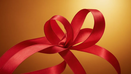Shiny red satin ribbon in heart shape on yellow background.の素材