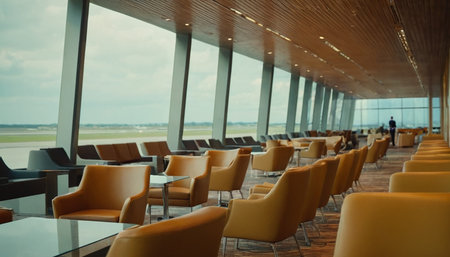 Interior of a modern airport terminal with yellow armchairs and waiting areaの素材