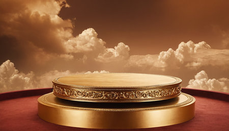 Golden podium on red carpet with clouds and sky background. 3d renderingの素材