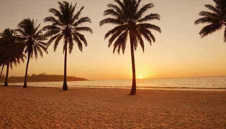 Palm trees on the beach at sunset. Beautiful tropical landscape.の素材