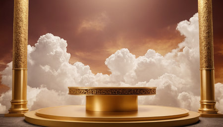 golden pedestal on a background of clouds and sky 3d renderingの素材