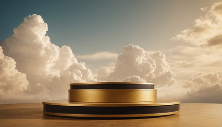 3d rendering of golden podium for product presentation with clouds in the backgroundの素材