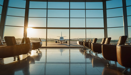 Interior of the airport terminal at sunset. Airplane in the airportの素材