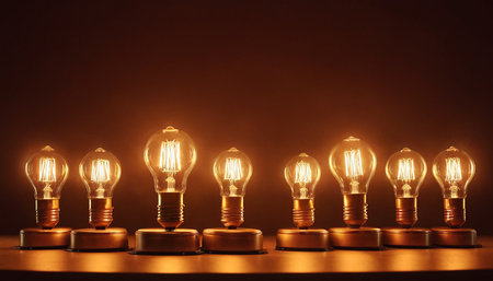 Group of old incandescent light bulbs on dark background with copy spaceの素材