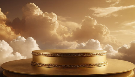 Golden podium on blue sky with clouds background. 3d render illustrationの素材